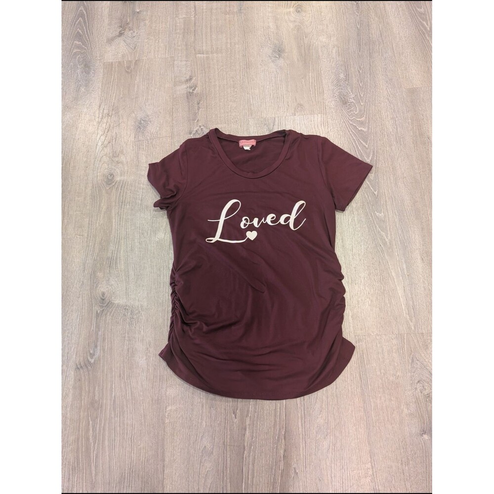Ragdoll L.A. Maternity Loved Graphic Tee Burgundy Wine Side Ruched Top Medium